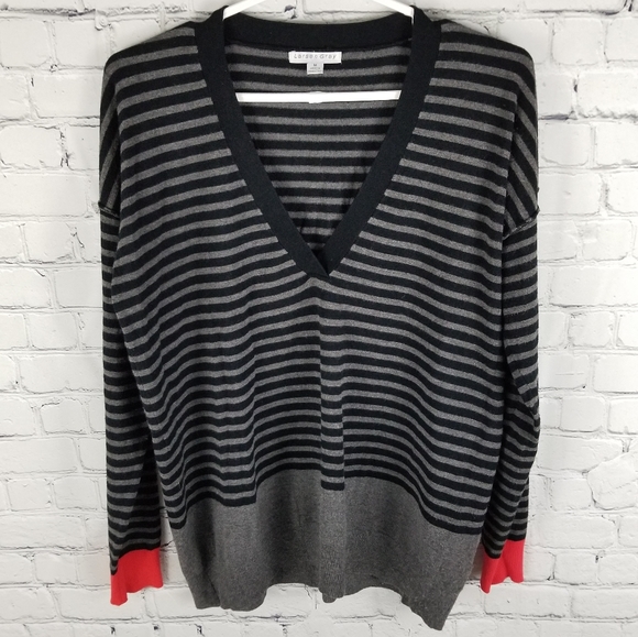 LARSEN GRAY | striped thin knit v-neck sweater - Picture 1 of 6